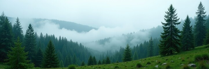 Fototapeta premium A sea of fog shrouds a vast boreal forest with towering pine and spruce trees, green, serene nature, tree