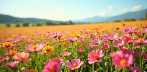 Obraz premium A sea of pink wildflowers stretching across a sunny landscape, flowers, yellow, daisy