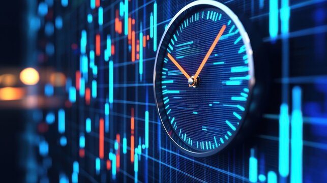 A digital clock overlaying a stock market graph, showcasing vibrant blue and red candlestick patterns, symbolizing time-sensitive trading decisions.