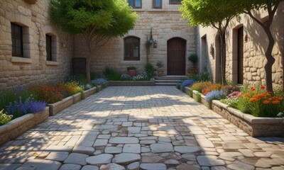 Fototapeta premium Small stone floored courtyard with a few trees and flowers, leaves, flowers, trees