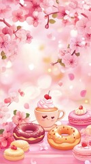 Pink Blossoms Frame Sweet Treats Coffee Donuts Macarons