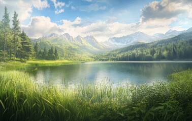 Fototapeta premium Calm lake reflecting mountains and lush greenery under a blue sky in a serene landscape with scattered clouds