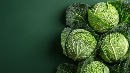 Fototapeta premium Savoy cabbages creating a vibrant green textured composition on dark background