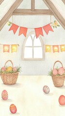 Festive Easter decor featuring colorful eggs and baskets.