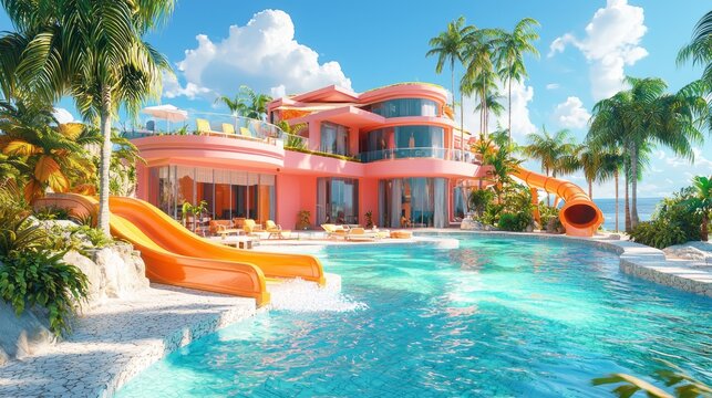Nestled by the shimmering ocean, this lavish mansion boasts a massive pool with bright orange slides curving into crystal-clear water