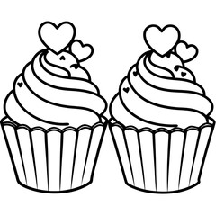 Minimalist Cupcakes with Heart Toppings - Line Art Design