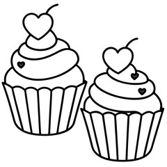 Minimalist Cupcakes with Heart Toppings - Line Art Design