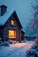 Cozy stone cottage with a snowy roof and twinkling lights in the window, winter, cottage, rustic