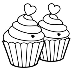 Minimalist Cupcakes with Heart Toppings - Line Art Design