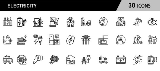 Set of 30 outline icons related to electricity. Editable stroke. Vector illustration.