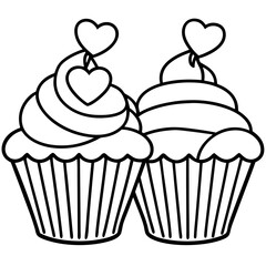 Minimalist Cupcakes with Heart Toppings - Line Art Design