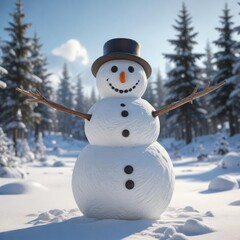 Obraz premium Snowman made of snow in front of a winter scene, seasonal decoration, snowman charm, winter wonderland