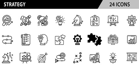Set of 24 outline icons related to strategy. Editable stroke. Vector illustration.