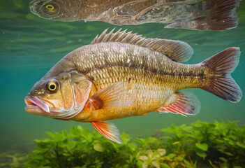 A large perch swims underwater. 