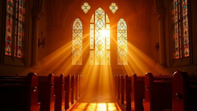 Golden Sunlight Streaming Through Stained Glass in Church Interior