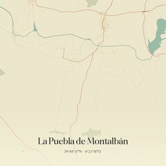 Fototapeta premium Retro Spanish map of La Puebla de Montalb�n, Castilla-La Mancha. Vintage street map.