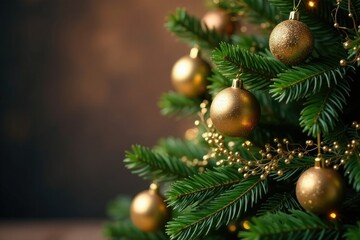 Fir tree branches decorated with gold ornaments, garlands, and mistletoe in a soft focus background, , fir, Christmas