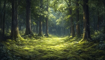Obraz premium Sunlit path through a lush, green forest with tall trees and mossy ground.