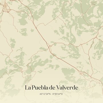 Retro Spanish map of La Puebla de Valverde, Arag�n. Vintage street map.