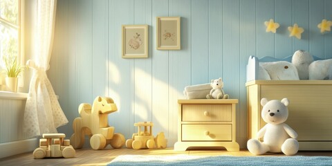 Sunny Childrens Room With Wooden Toys And Soft Teddy Bear