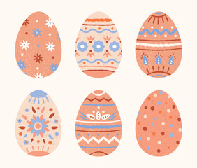 Happy Easter.Easter eggs with grainy texture and abstract patterns  . Ochre color. Vector isolated illustration. Design element.