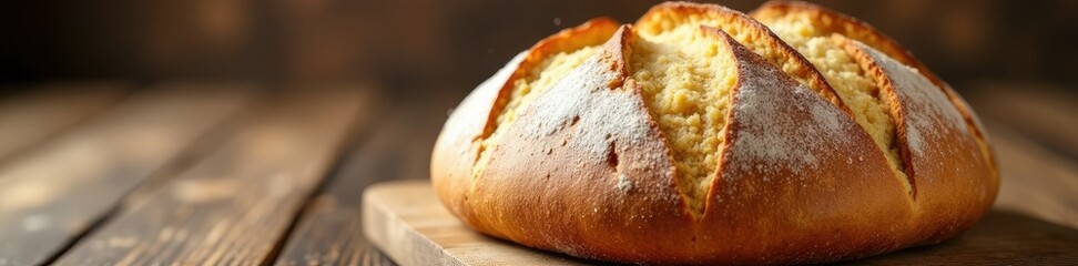 Freshly baked whole wheat bread with rustic golden crusts on a wooden table, wood, homemade, grains