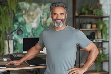 A smiling man poses confidently by his decluttered desk, showcasing a fresh workspace ideal for spring cleaning and productivity.