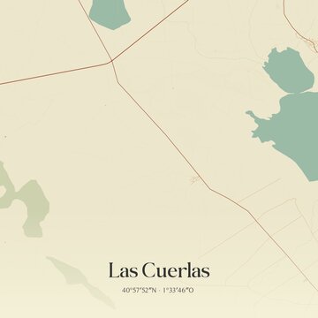 Retro Spanish map of Las Cuerlas, Arag�n. Vintage street map.