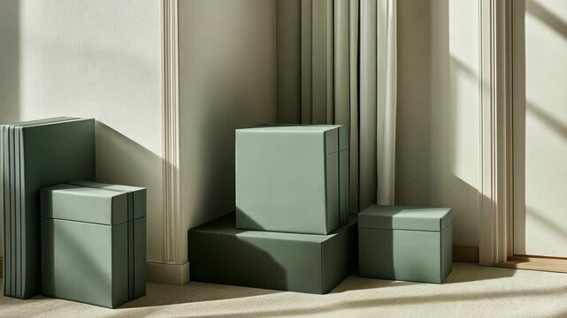 Stacked green boxes in a well-lit room with soft shadows during daylight hours