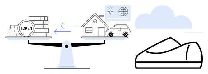 Tokens and physical assets balanced on a scale with cloud computing elements. Ideal for blockchain technology, digital currency, investing, financial literacy, digital transformation, market trading