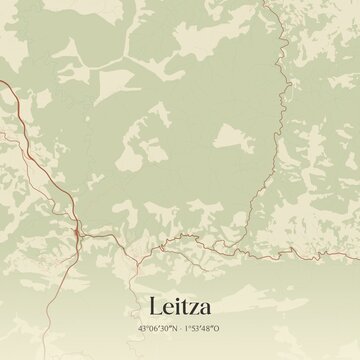 Retro Spanish map of Leitza, Comunidad Foral de Navarra. Vintage street map.