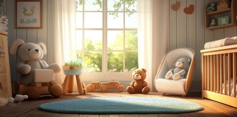 Sunlit Nursery Room With Teddy Bears And Wooden Toys