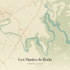 Retro Spanish map of Les Masies de Roda, Catalu�a. Vintage street map.