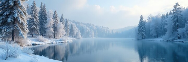 Frosty forest landscape with snow-covered trees and icy lake, calm, serene