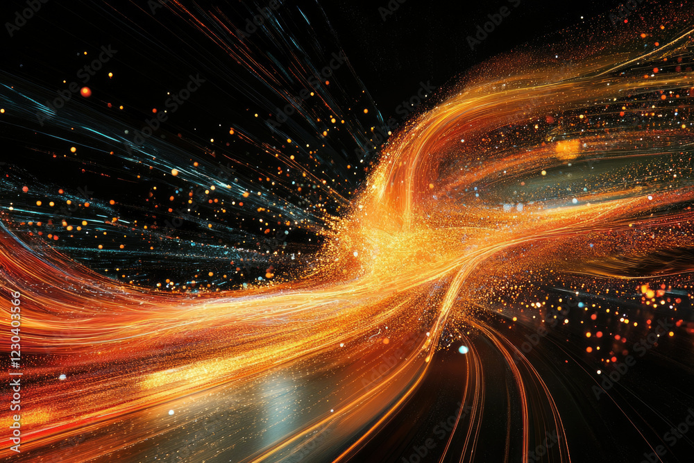 Poster abstract cosmic swirl of orange and blue light trails, sparkling particles, and glowing energy strea