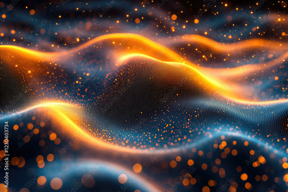 Poster Abstract digital art depicting glowing particles forming undulating waves of orange and blue in a dark background.