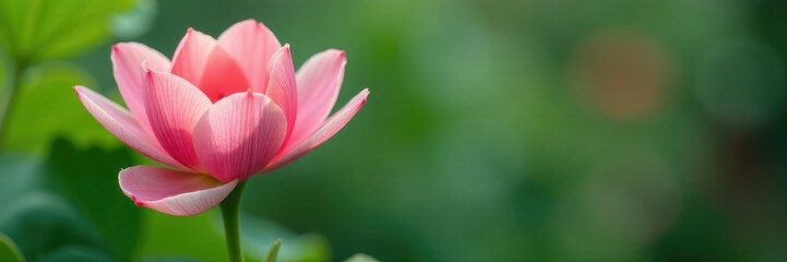 Fototapeta premium Soft pink petals unfurl on a fresh green stem, nature, floral stems