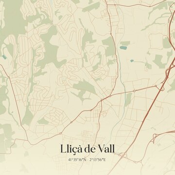 Retro Spanish map of Lli�� de Vall, Catalu�a. Vintage street map.