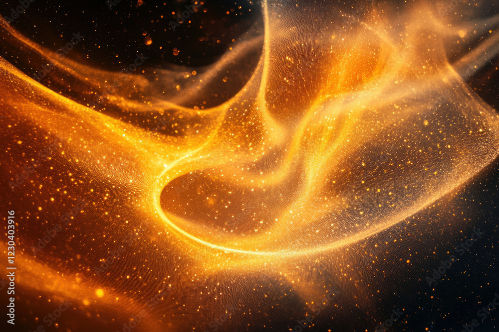 Poster abstract golden particle wave, glowing cosmic dust swirling in dark space, digital art.