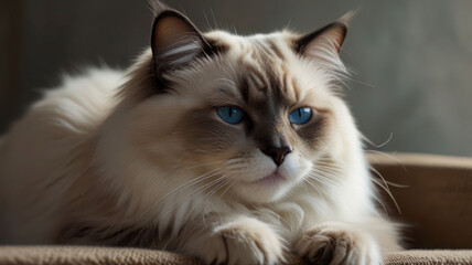 New creative cat photography. Ragdoll cat leaning, face is sleepy and tired, closed eyes, looks like student