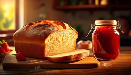 AI generated image of fresh baked bread on a kitchen counter, with a jar of strawberry jam.