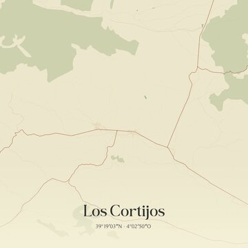 Retro Spanish map of Los Cortijos, Castilla-La Mancha. Vintage street map.
