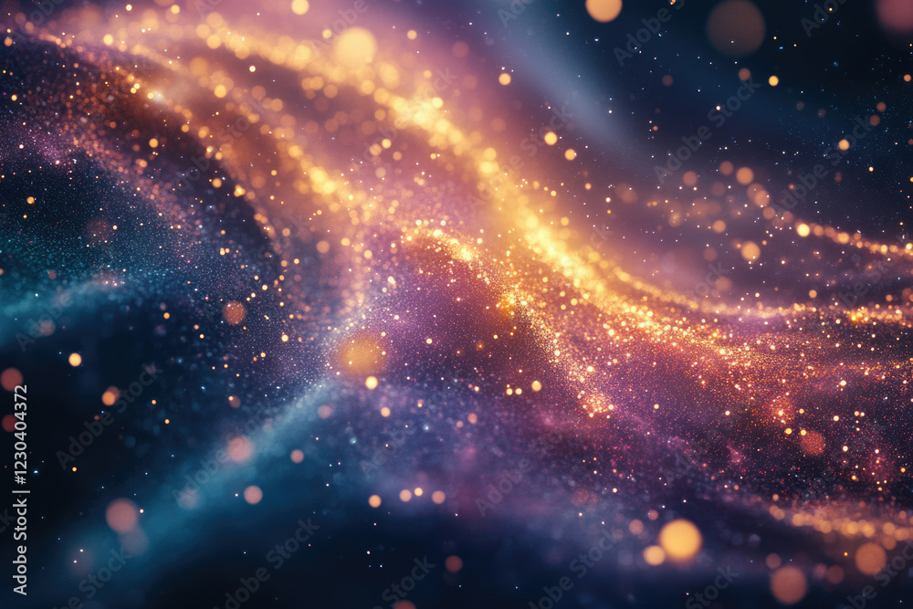 Poster Abstract cosmic background with glittering particles and flowing waves of light and color.