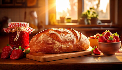 AI generated image of fresh baked bread on a kitchen counter, with a jar of strawberry jam.