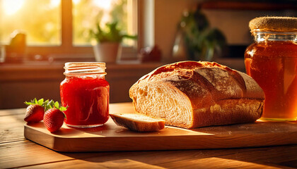 AI generated image of fresh baked bread on a kitchen counter, with a jar of strawberry jam.