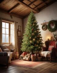 Spruce Christmas tree in a cozy farmhouse with rustic furniture and vintage decor, country charm, crackling fire