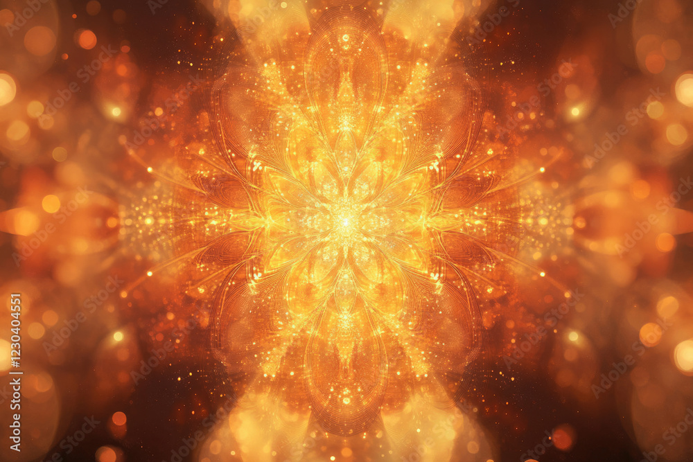Poster a radiant golden fractal flower, glowing with bokeh and intricate details, evokes warmth and serenit