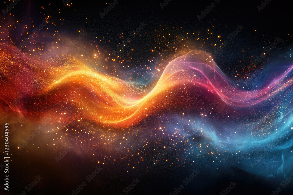 Poster A vibrant cosmic wave of glittering particles and nebulae, swirling in a mesmerizing display of color and light.
