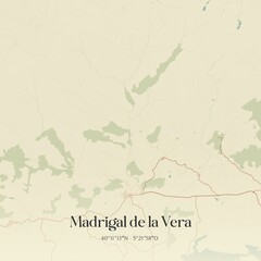 Fototapeta premium Retro Spanish map of Madrigal de la Vera, Extremadura. Vintage street map.