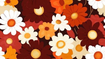 Floral Seamless Pattern Featuring Vibrant Daisy Flowers in Warm Tones With Abstract Textures and Playful Elements in a Natural Setting